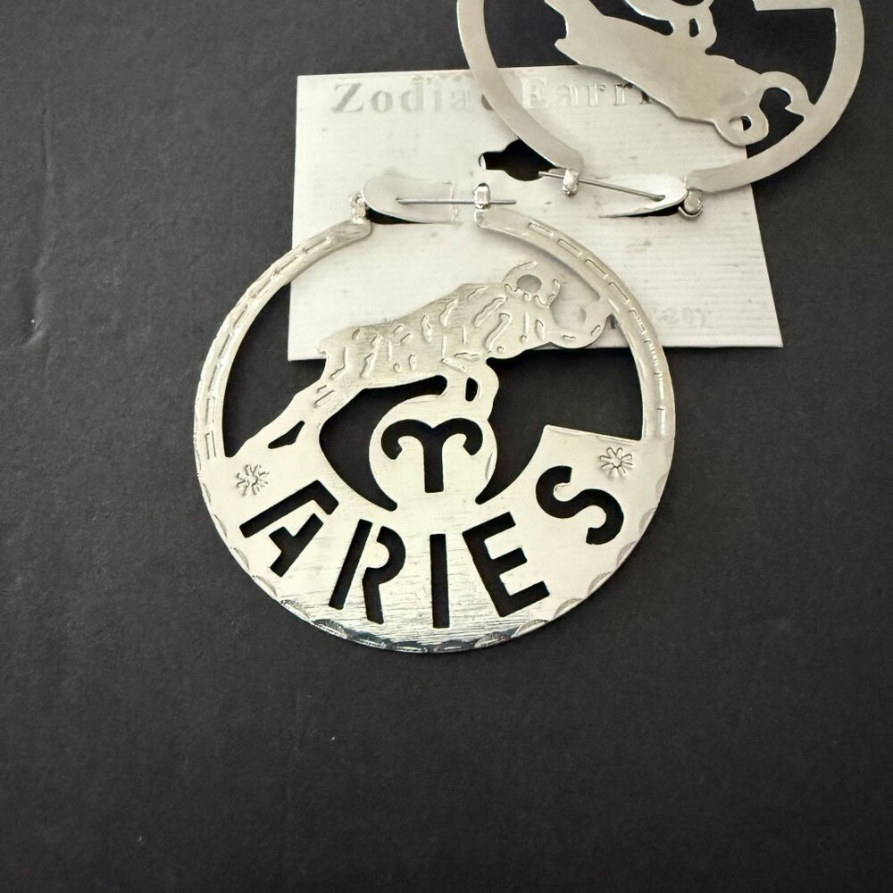 NOC Zodiac Aries Earrings Silver Round Cutout Textured Design Astrology Jewelry - Picture 2 of 6